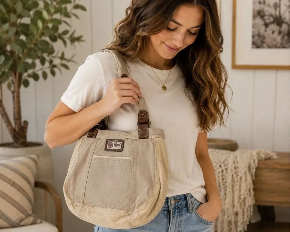 Fossil Modern Vintage Y2K Tan Canvas Tote Purse Bohemian Style Boho